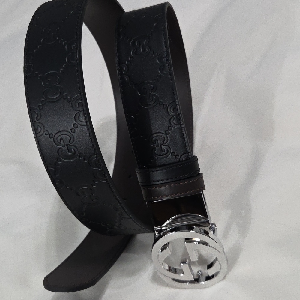 Gucci Reversible Black Brown Leather Belt with Silver Double G Buckle 32/34 - Picture 12 of 15